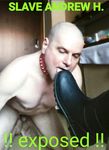 BDSM boots, pain slave Andrew exposed