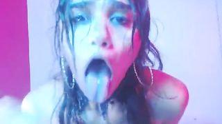 Desperate whore fucks her throat and pisses in her show