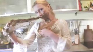 Lady in white smears and eats fresh scat