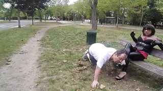 Foot licking and ass spanking outdoor in public