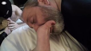 Two guys licking tranny's feet