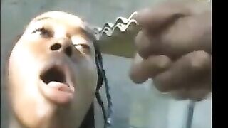 Ebony girl takes piss & cum in a displeased face