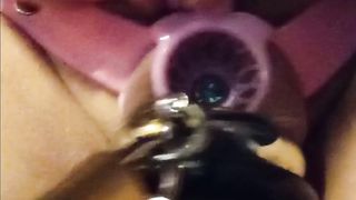 Reverse chastity belt rings lock and blue penis plug in piss hole
