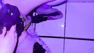 First, I piss on myself in sexy panties and then jerk off my piss-covered cock until