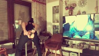 Nasty guy fucks standing his ass with big cucumber