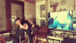 Nasty guy fucks standing his ass with big cucumber