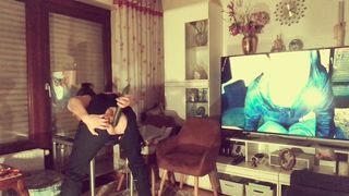 Nasty guy fucks standing his ass with big cucumber