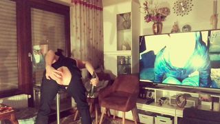 Nasty guy fucks standing his ass with big cucumber