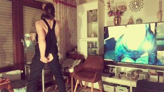 Nasty guy fucks standing his ass with big cucumber
