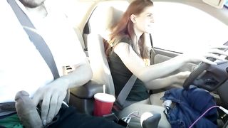 Stroking cock while riding a car & cum in mouth