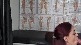 Wife Gets a Shot in the Butt Right Behind Her Oblivious Cuckold Husband!