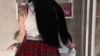 Beautiful Brunette with Big Tits in the Bathroom Takes Her Red Satin Thong to Flash Her Tight Meaty Pussy and Naked Ass