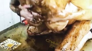 Hot pierced blonde enjoys playing in her piss and shit