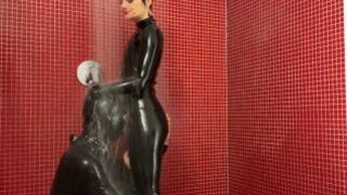 Latex Catsuits Shower Fun Splashing Shining and Milky Play ft